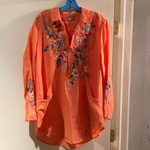 Johnny Was Orange Embroidered Workshop Tunic Top